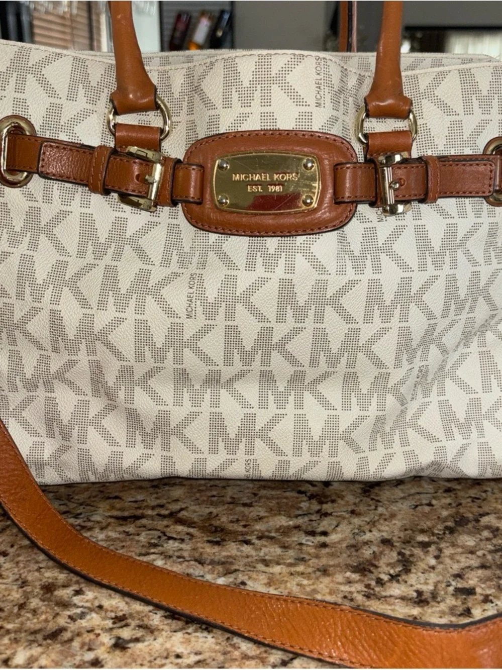 Michael Kors Cream Signature Canvas Tote with Tan Leather Trim